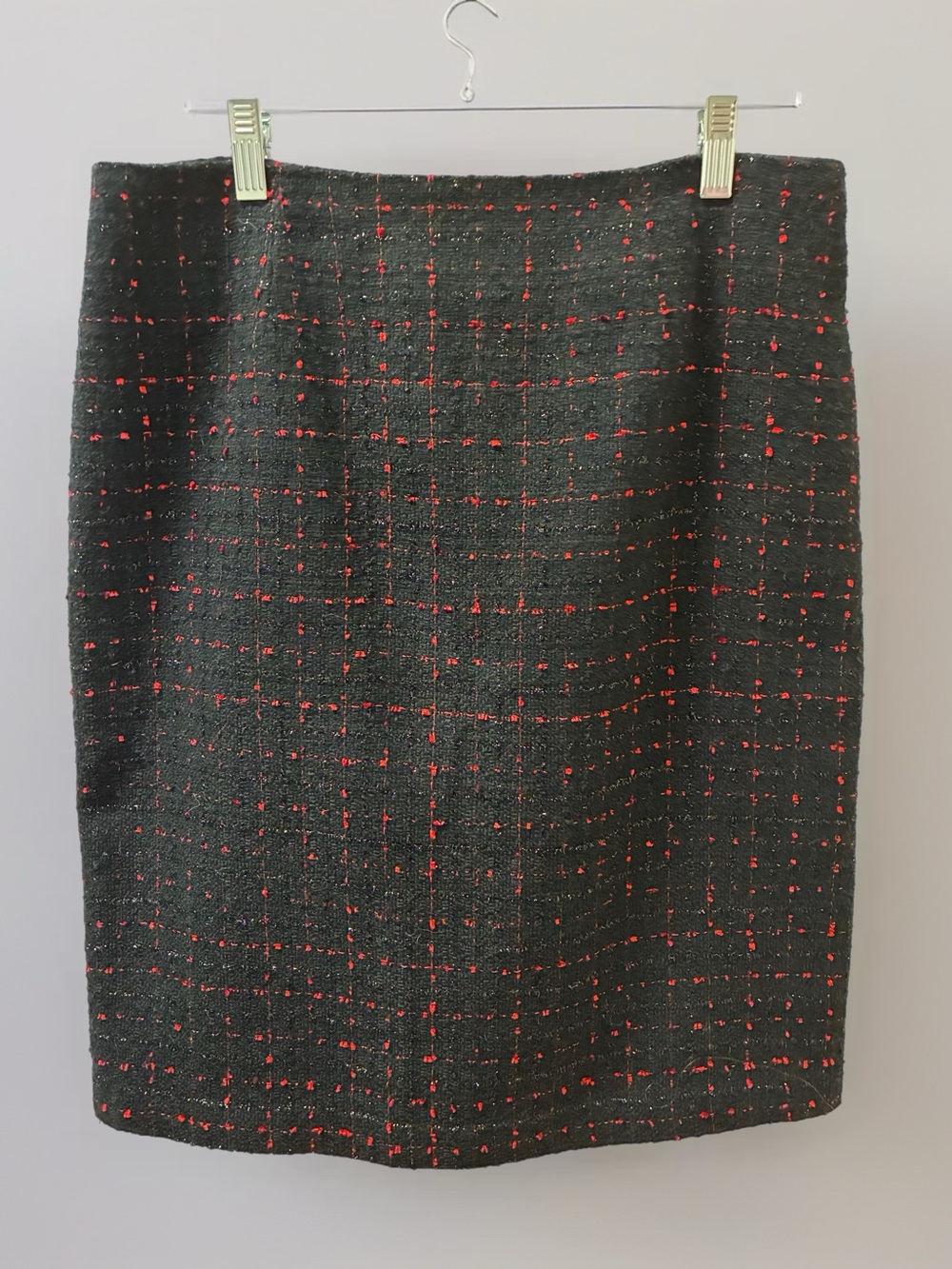 Bob Mackie Black Tweed Pencil Skirt with Red Windowpane Detail